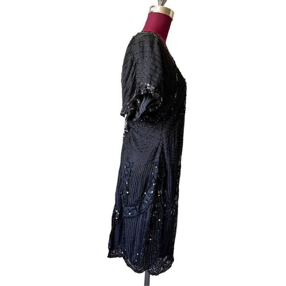 Lillie Rubin Vintage Art Deco Black Silk Beaded Sequined Cocktail Dress Short Sl - Picture 3 of 15
